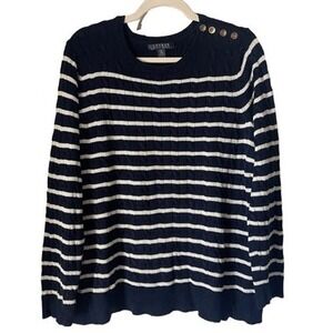 B7 Lauren Ralph Lauren Navy White Striped Cable Knit Button Shoulder Sweater 1X